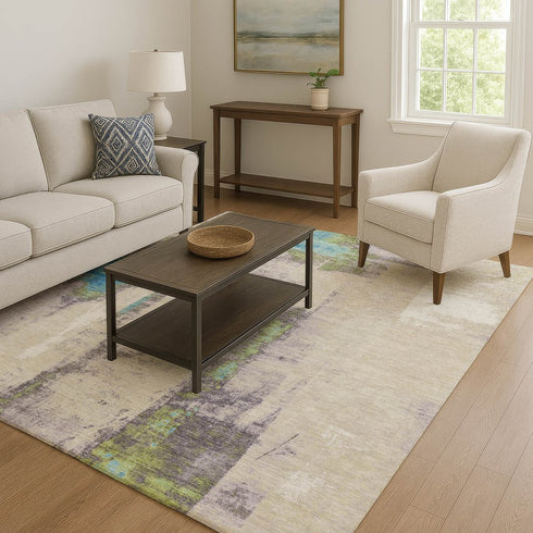 8' X 10' Linen Green And Blue Abstract Washable Area Rug With UV Protection