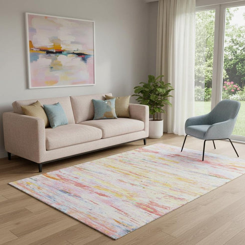 5' X 8' Coral Yellow And Ivory Abstract Washable Area Rug With UV Protection