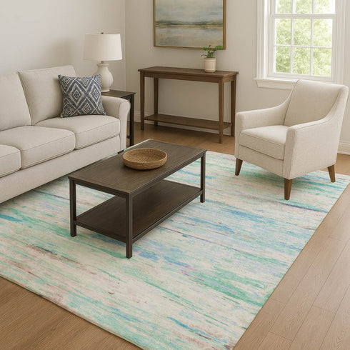 8' X 10' Teal And Ivory Abstract Washable Area Rug With UV Protection