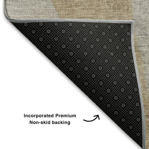 5' X 8' Beige Taupe And Lavender Abstract Washable Area Rug With UV Protection