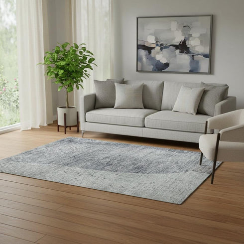 5' X 8' Denim Blue And Gray Abstract Washable Area Rug With UV Protection