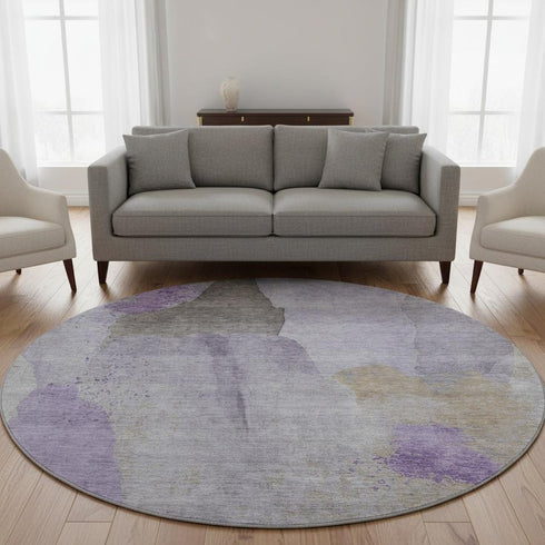 8' Lavender Gold And Gray Abstract Washable Round Rug With UV Protection