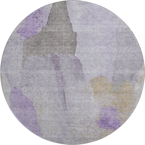 8' Lavender Gold And Gray Abstract Washable Round Rug With UV Protection
