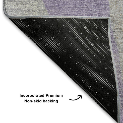 8' Lavender Gold And Gray Abstract Washable Round Rug With UV Protection