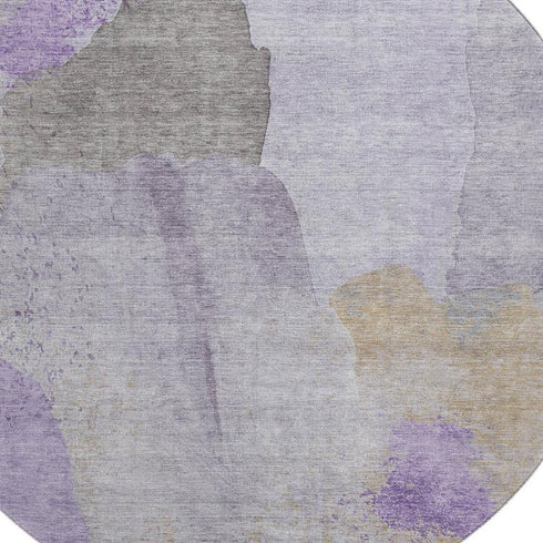 8' Lavender Gold And Gray Abstract Washable Round Rug With UV Protection