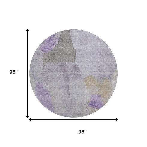 8' Lavender Gold And Gray Abstract Washable Round Rug With UV Protection