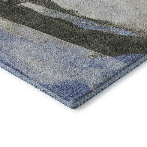 5' X 8' Denim Blue Gray And Ivory Abstract Washable Area Rug With UV Protection