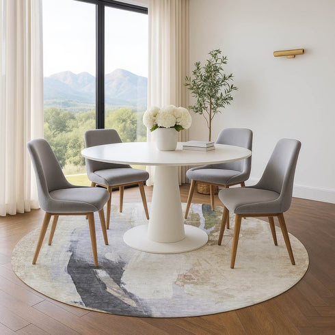 8' Ivory Charcoal And Beige Abstract Washable Round Rug With UV Protection