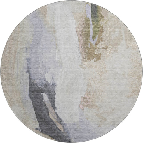 8' Ivory Charcoal And Beige Abstract Washable Round Rug With UV Protection