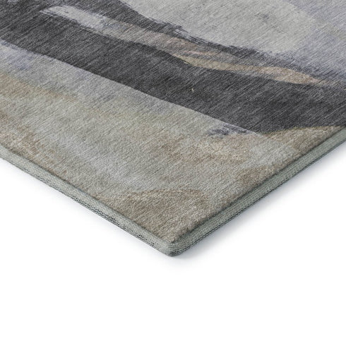 8' Ivory Charcoal And Beige Abstract Washable Round Rug With UV Protection