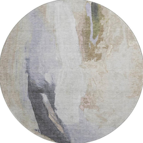 8' Ivory Charcoal And Beige Abstract Washable Round Rug With UV Protection