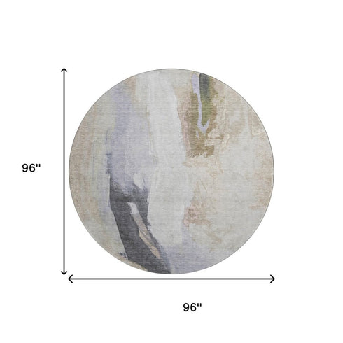 8' Ivory Charcoal And Beige Abstract Washable Round Rug With UV Protection