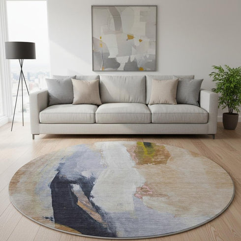 8' Beige Lavender And Ivory Abstract Washable Round Rug With UV Protection