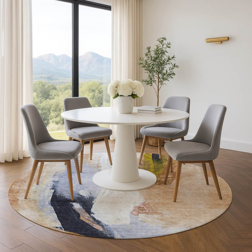 8' Beige Lavender And Ivory Abstract Washable Round Rug With UV Protection