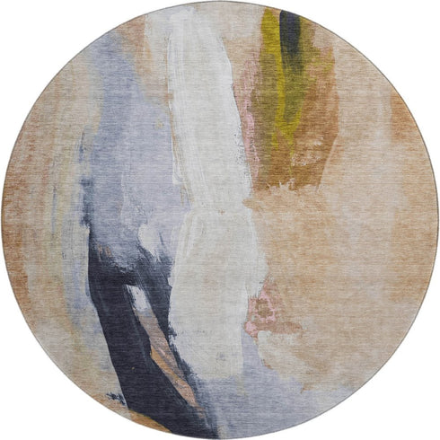 8' Beige Lavender And Ivory Abstract Washable Round Rug With UV Protection