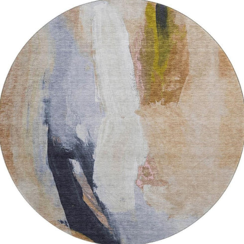 8' Beige Lavender And Ivory Abstract Washable Round Rug With UV Protection