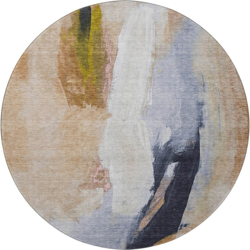 8' Beige Lavender And Ivory Abstract Washable Round Rug With UV Protection