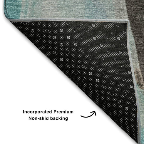 8' Teal Khaki And Ivory Abstract Washable Round Rug With UV Protection