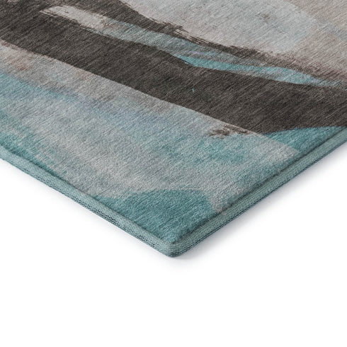 8' Teal Khaki And Ivory Abstract Washable Round Rug With UV Protection