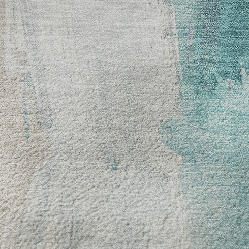 8' Teal Khaki And Ivory Abstract Washable Round Rug With UV Protection