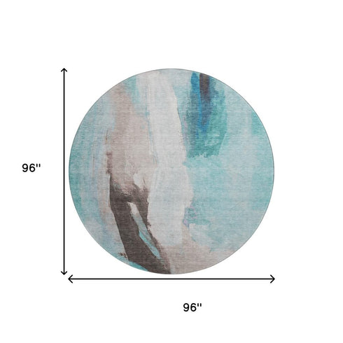 8' Teal Khaki And Ivory Abstract Washable Round Rug With UV Protection