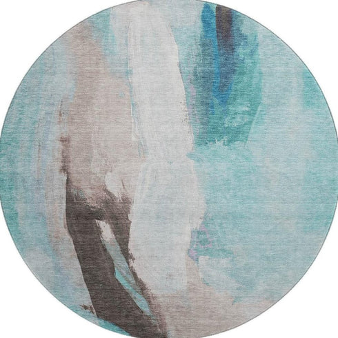 8' Teal Khaki And Ivory Abstract Washable Round Rug With UV Protection