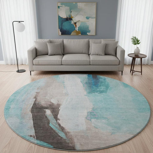 8' Teal Khaki And Ivory Abstract Washable Round Rug With UV Protection
