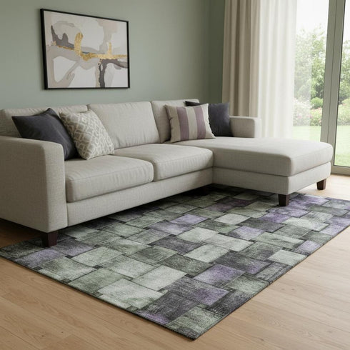 8' X 10' Sage And Lavender Striped Washable Area Rug With UV Protection