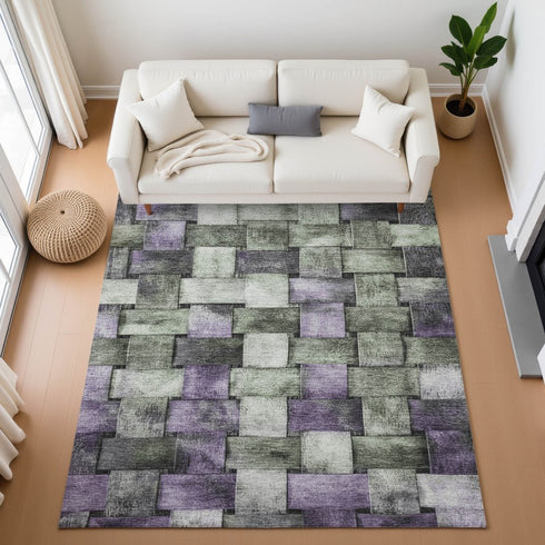 8' X 10' Sage And Lavender Striped Washable Area Rug With UV Protection