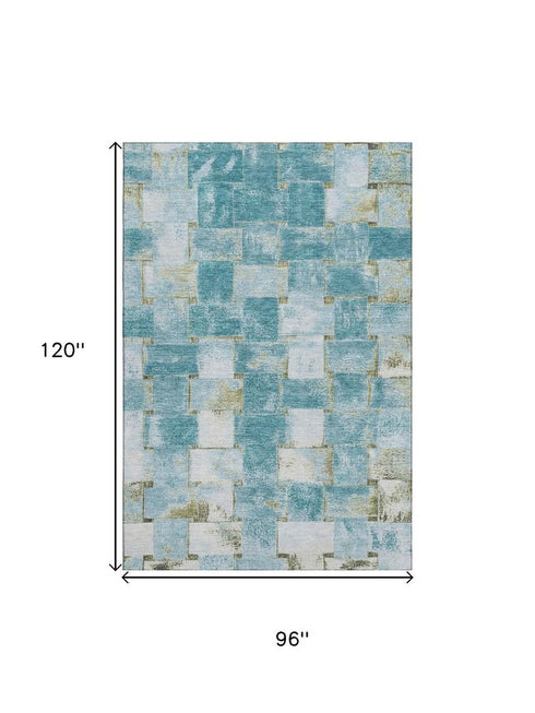 8' X 10' Teal And Khaki Striped Washable Area Rug With UV Protection
