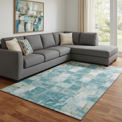 8' X 10' Teal And Khaki Striped Washable Area Rug With UV Protection