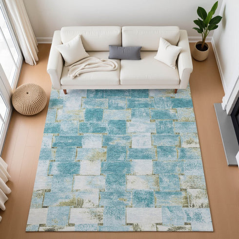 8' X 10' Teal And Khaki Striped Washable Area Rug With UV Protection