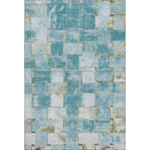 8' X 10' Teal And Khaki Striped Washable Area Rug With UV Protection