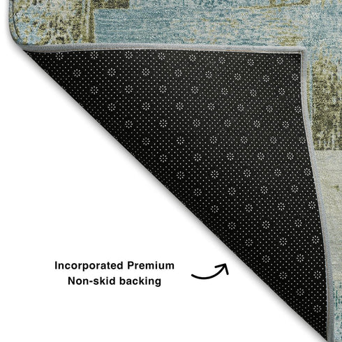 8' X 10' Teal And Khaki Striped Washable Area Rug With UV Protection