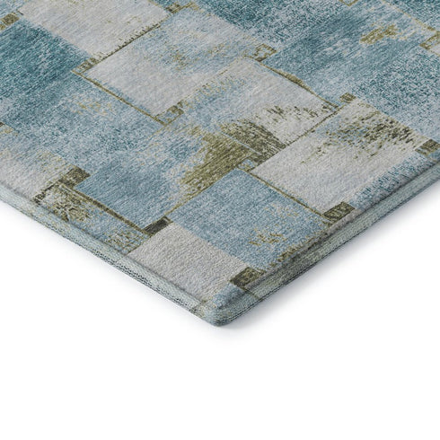 8' X 10' Teal And Khaki Striped Washable Area Rug With UV Protection