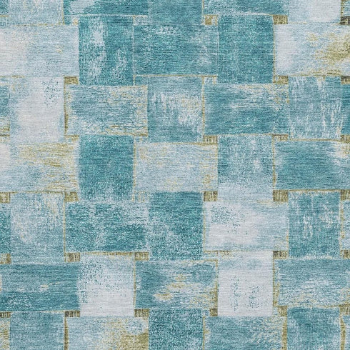 8' X 10' Teal And Khaki Striped Washable Area Rug With UV Protection