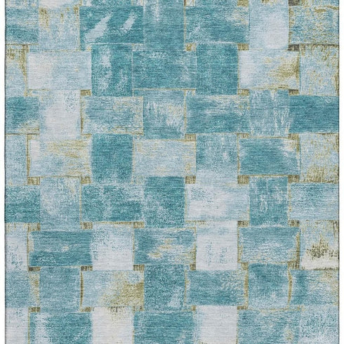 8' X 10' Teal And Khaki Striped Washable Area Rug With UV Protection