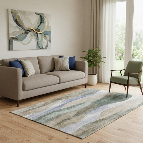 5' X 8' Beige Blue And Ivory Abstract Washable Area Rug With UV Protection