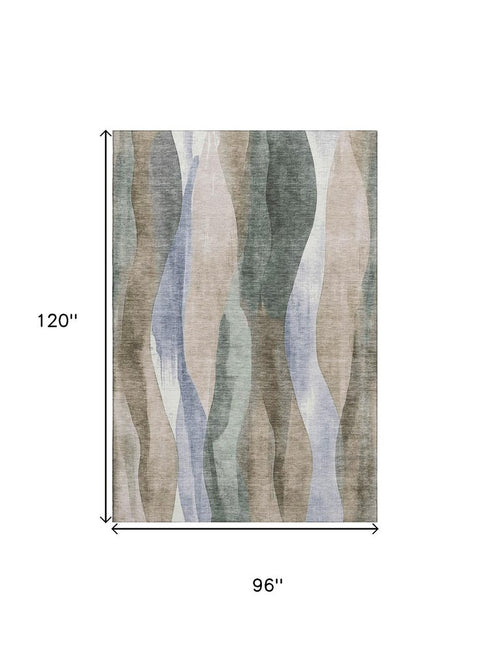 8' X 10' Beige Blue And Ivory Abstract Washable Area Rug With UV Protection