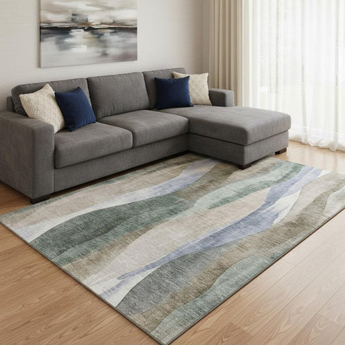 8' X 10' Beige Blue And Ivory Abstract Washable Area Rug With UV Protection