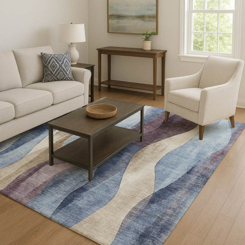 8' X 10' Denim Blue Purple And Beige Abstract Washable Area Rug With UV Protection