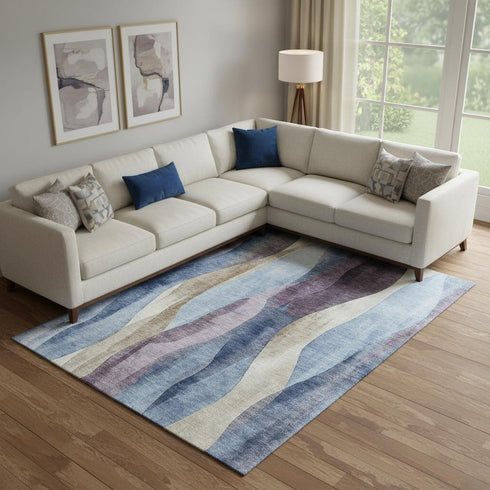 9' X 12' Denim Blue Purple And Beige Abstract Washable Area Rug With UV Protection