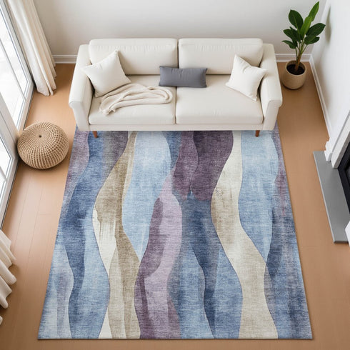 9' X 12' Denim Blue Purple And Beige Abstract Washable Area Rug With UV Protection