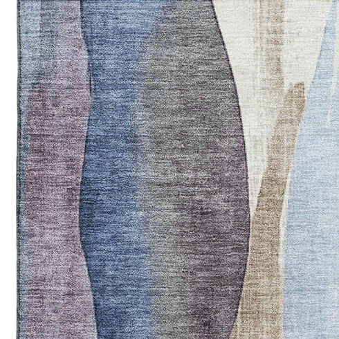 9' X 12' Denim Blue Purple And Beige Abstract Washable Area Rug With UV Protection
