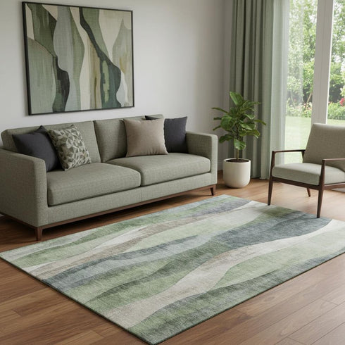 5' X 8' Fern Green Beige And Gray Abstract Washable Area Rug With UV Protection