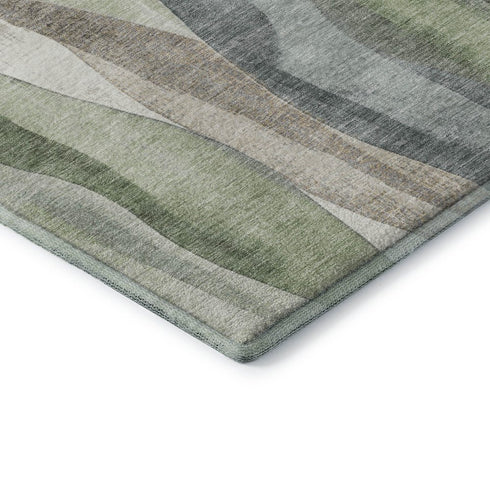 5' X 8' Fern Green Beige And Gray Abstract Washable Area Rug With UV Protection