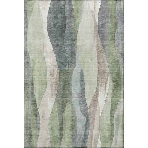 5' X 8' Fern Green Beige And Gray Abstract Washable Area Rug With UV Protection