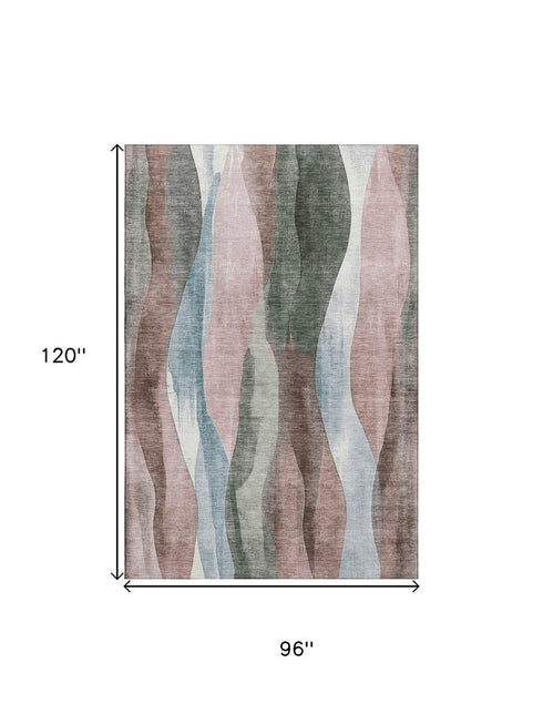 8' X 10' Salmon Blue And Mauve Abstract Washable Area Rug With UV Protection