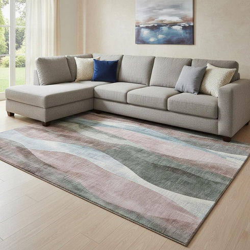 8' X 10' Salmon Blue And Mauve Abstract Washable Area Rug With UV Protection