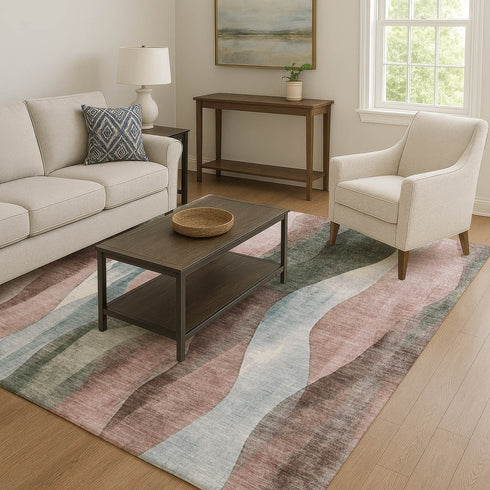 8' X 10' Salmon Blue And Mauve Abstract Washable Area Rug With UV Protection